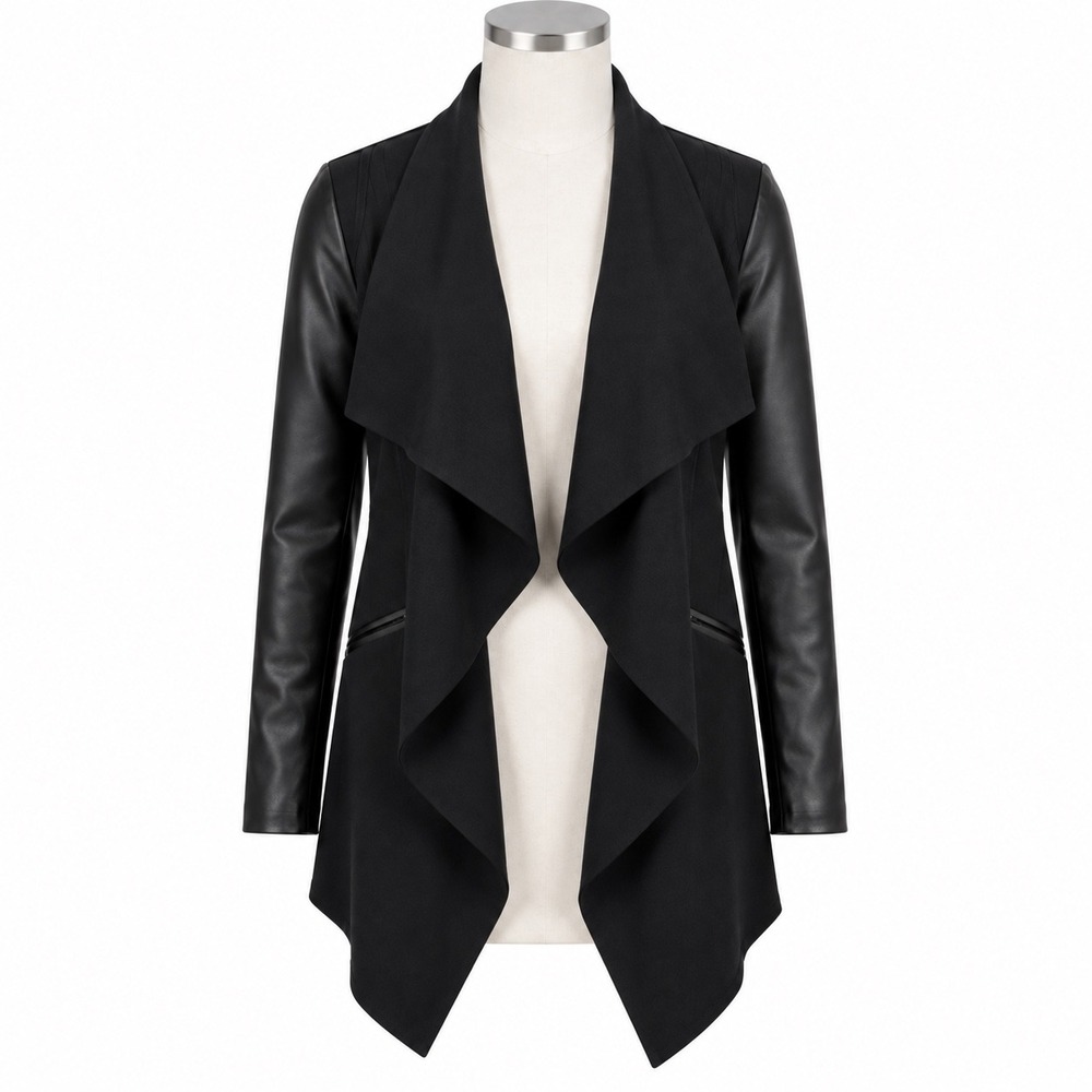Spanx Black Drape Front Jacket Women's Large Oversized Faux Leather Sleeves